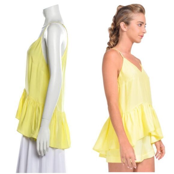 NEW Cinq à‎ Sept Janet 100% Silk V-Neck Ruffle Hem Top, Yellow, M - Picture 3 of 13